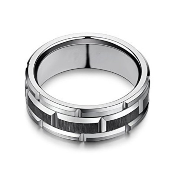 Men's Tungsten Wedding Band (8mm). Silver Tone Brick Pattern Tungsten Ring. - Picture 3 of 3